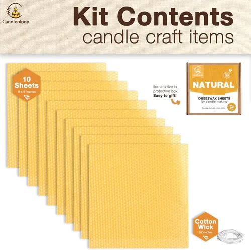 Miniatura 2 de Hojas de cera de abeja natural para hacer velas (paquete de 10 hojas con mechas de algodón), tono amarillo natural, kit de enrollamiento de velas