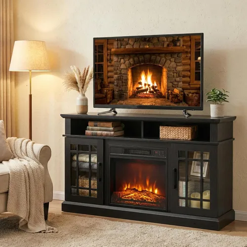 Miniatura 9 de SIMOE Soporte de TV Moderno de 48 Pulgadas con Chimenea Eléctrica, Consola de TV para TVs con Chimenea de 18 hasta 55 Pulgadas con 2 Estantes Negro