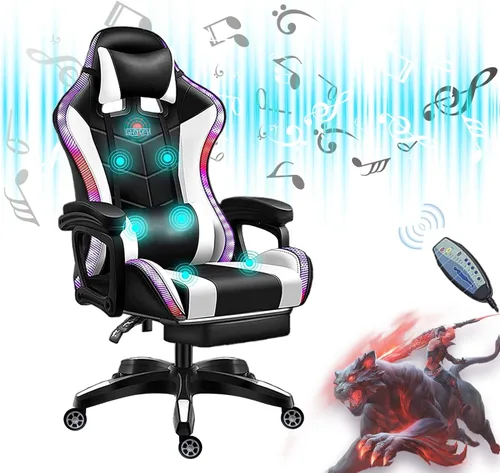 Miniatura 11 de Silla de juegos para adultos con reposapiés y masaje, silla de videojuegos con altavoces y luces LED RGB, piel sintética, sillas ergonómicas