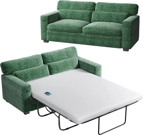 Marsail Sofá cama extraíble, sofá cama tamaño Queen con colchón de espuma viscoelástica, sofá cama convertible 2 en 1 de felpilla con 2 fundas de