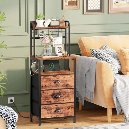 Miniatura 2 de Furologee Mesita de noche de 44'' de alto con estación de carga, mesita de noche con luces LED, mesa auxiliar con 3 cajones y estantes