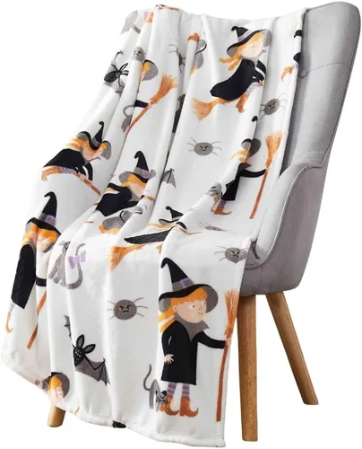 Miniatura 30 de Manta de Halloween: Jack O Lantern, calabazas, fantasmas blancos y telarañas en suave forro polar de terciopelo negro para sofá, sillas y cama Ghost