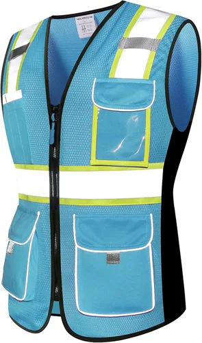 Miniatura 5 de Chaleco de seguridad para mujeres, chaleco de trabajo reflectante de alta visibilidad con 9 bolsillos múltiples y cremallera Azul