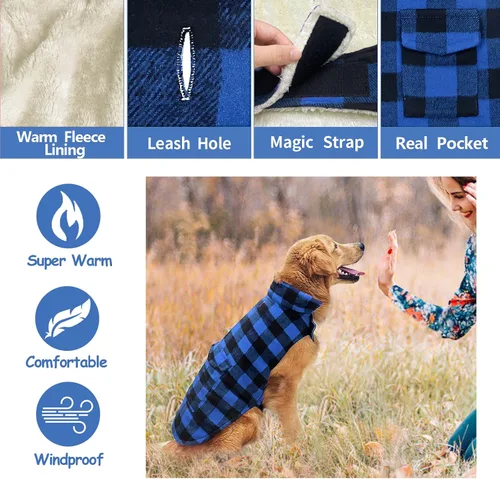 Miniatura 3 de Malier Abrigo Chaqueta Clásica de Forro Polar a Cuadros para Perro con Bolsillo, Chaleco Abrigo Cálido a Prueba de Viento para Perro, Ropa
