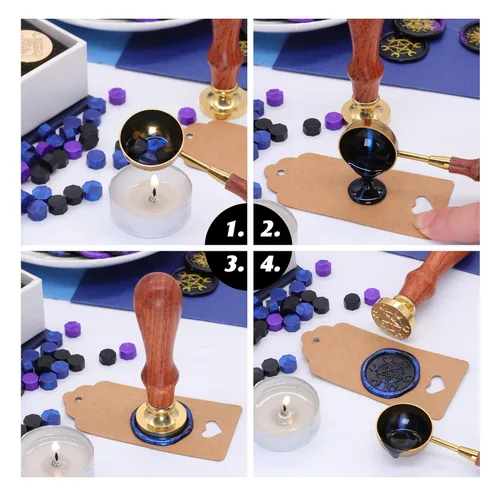 Miniatura 6 de SWANGSA - Juego de sellos de cera, estilo clásico, 4 cabezas de sello de cera y 1 mango de madera para invitaciones de fiesta de boda, cartas