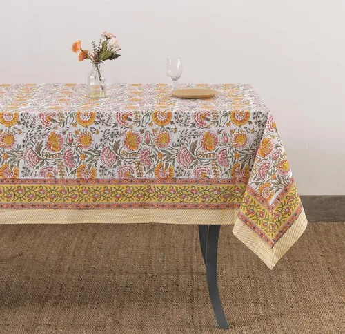 Miniatura 9 de Labhanshi Mantel rectangular de 6 plazas de algodón prelavado con estampado indio a mano, 60 x 90 pulgadas, diseño floral de algodón prelavado