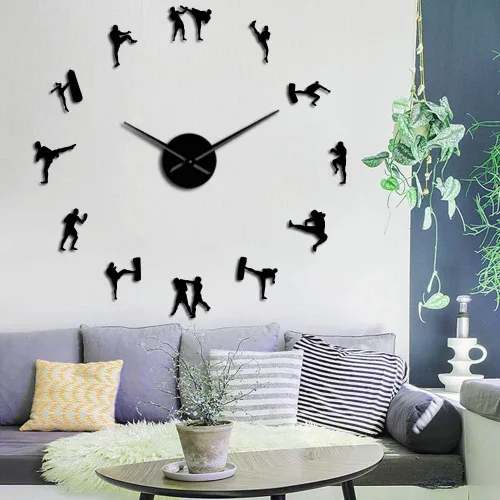 The Geeky Days Arte marcial coreano Figuras de Taekwondo DIY Reloj de pared gigante Kickboxing Karate Guys Pegatinas de pared Decorativo Reloj de