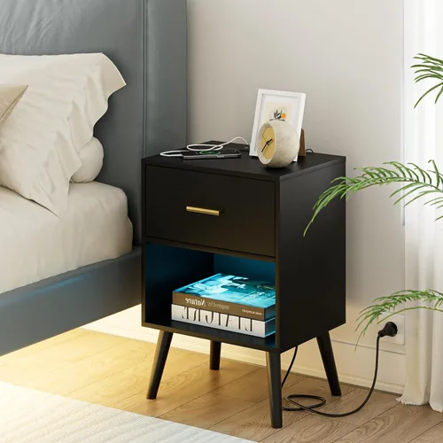 Miniatura 6 de Aienvey Mesita de noche con estación de carga y luces LED, mesa auxiliar pequeña, mesita de noche con cajón, mesita de noche moderna, mesa auxiliar