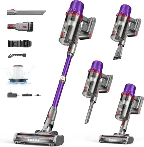 Miniatura 10 de Aspiradora inalámbrica para el hogar, potente aspiradora con filtro HEPA, tiempo de funcionamiento de 55 minutos, luz LED, cepillo antienredos