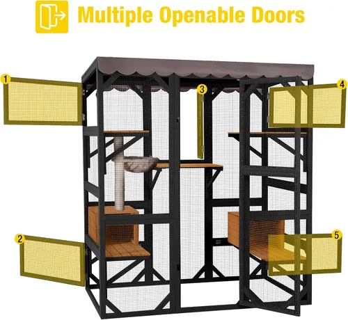 Miniatura 2 de Wooden Catio Outdoor Cat - Amplio condominio para gatos con 7 plataformas de escalada, 2 acogedoras casas de siestas, panel de ventana expandible