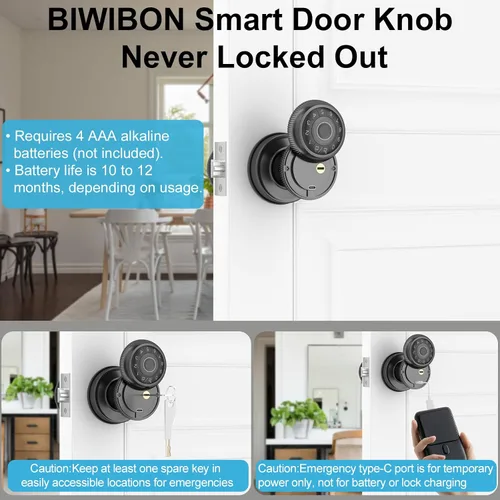 Miniatura 5 de BIWIBON Pomo de puerta inteligente 4 en 1, perilla de puerta de huellas dactilares con control de aplicación, cerradura inteligente de puerta