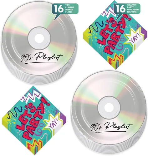 Miniatura 2 de Suministros para fiestas de los 90 – Platos llanos de papel CD de los 90's Mix y servilletas Let's Party (Serves 16)