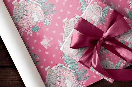 Miniatura 7 de Hermoso papel de regalo para casa de bastones de caramelo, rosa oscuro, rosa, grueso, papel de regalo de Navidad, turquesa, decoración navideña
