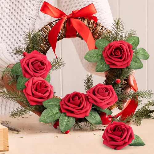 Miniatura 4 de Mocoosy 50 rosas artificiales a granel, rosas falsas de espuma de aspecto real con tallos a granel, ramo de boda, arreglo floral, centros de mesa