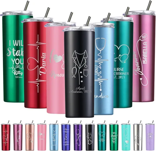 Miniatura 10 de Regalos de graduación, vaso delgado de graduación personalizado con nombres, vaso aislado con grabado láser personalizado de 20 onzas con tapas