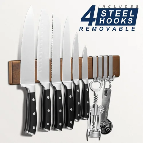 Miniatura 3 de ENOKING Portacuchillos magnético de 16 pulgadas para pared, tira de cuchillos de madera de acacia con caja de regalo magnética con estampado de oro