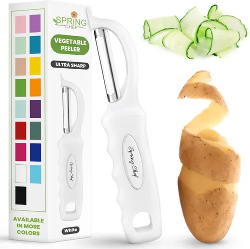 Miniatura 26 de Spring Chef Pelador de verduras giratorio profesional rojo para cocina, peladores de papas de acero inoxidable con mango de agarre suave, perfecto