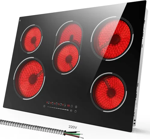 Placa de Cocción Eléctrica de 30 Pulgadas, 5 Quemadores 8400W Placa Eléctrica Empotrada, Placa de Cocción de Cerámica con Zona Expandida, Control