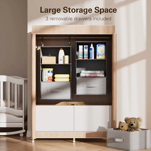 Miniatura 6 de Pipishell Organizador colgante de armario de 6 estantes con 2 estantes separables de 3 niveles, 3 cajones y bolsillos laterales, organizadores
