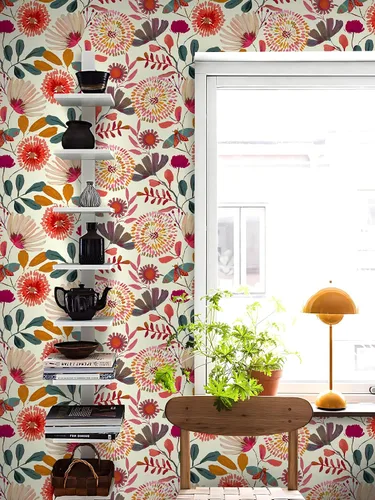 Miniatura 11 de Papel tapiz floral para despegar y pegar, papel de pared bohemio, extraíble, impermeable, verde/amarillo/azul, papel de contacto para dormitorio