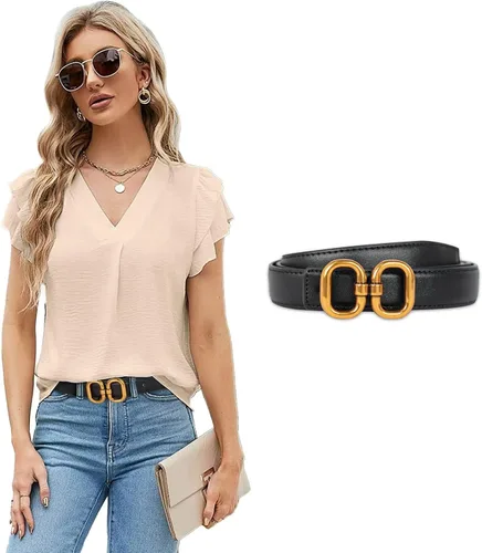 Miniatura 330 de Cinturón de cuero clásico con hebilla de metal para mujer con vestido de jeans