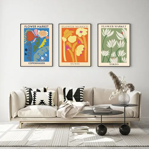 Mislojade Flower Market - Juego de impresiones en lienzo botánico para pared, decoración de cuadros florales coloridos, póster de Copenhague y