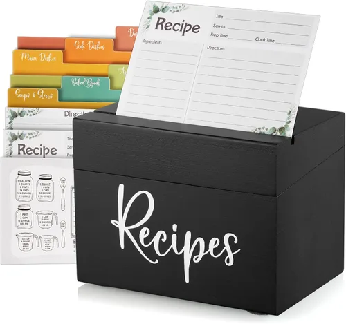 Miniatura 14 de DRASTAR Caja de tarjetas de recetas, soporte para recetas de acacia de 4 x 6, organizador de recetas con 50 tarjetas y 6 divisores, caja de tarjetas