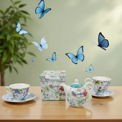 Miniatura 2 de Juego de té de porcelana de hueso Lightahead para una persona en diseño de pájaro azul, en atractiva caja de regalo reutilizable hecha a mano