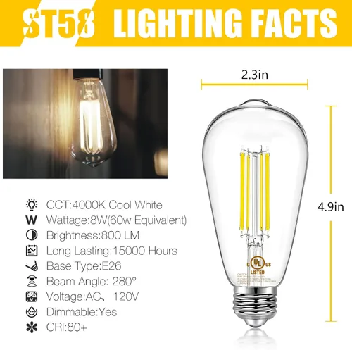 Miniatura 2 de DAYBETTER Paquete de 6 bombillas LED Edison vintage, bombilla LED regulable E26, equivalente a 60 vatios, bombillas de luz LED de filamento antiguo