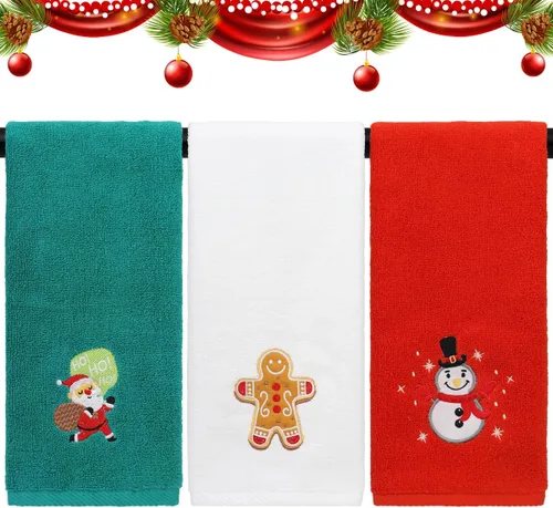 Juego de 3 toallas de mano de gran tamaño para Navidad, 34 x 74 cm 100% algodón grueso toallas de cocina navideñas, diseño decorativo bordado de