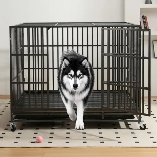 Miniatura 7 de Jaula para perros resistente de 60 pulgadas, plegable, sin montaje, jaula grande para perros a prueba de escape, con ruedas con cerradura, corralito