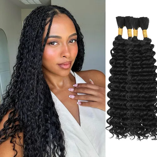 Miniatura 29 de Mezcla de cabello humano trenzado sintético bohemio para trenzar, 16 pulgadas de onda profunda a granel para trenzas bohemias, 2 piezas de cabello 1b