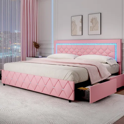 Miniatura 18 de Base de cama tamaño queen con luces LED, plataforma tapizada con cajones de almacenamiento, cama princesa con cabecera y cabecera de diamante,