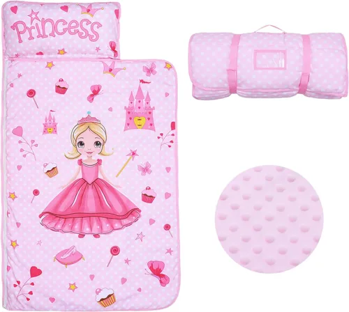 Miniatura 8 de Colchoneta portátil para siesta para niños con almohada extraíble y manta para niñas y niños, saco de dormir ligero extra grande para preescolar