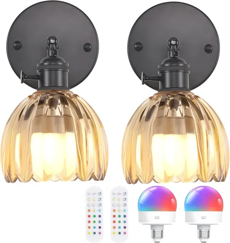 Miniatura 34 de Shenmoyl Aplique de Pared Vintage Operado por Batería con Linda Campana de Vidrio Tulipán Verde, Recargable Inalámbrica, Luz de Pared con Control