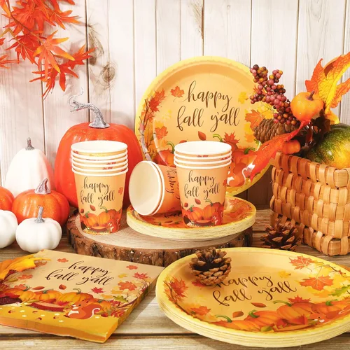 Miniatura 4 de Whaline Juego de vajilla de otoño de 100 piezas para 25 invitados, juego de vajilla desechable de calabaza colorida con hojas de otoño, platos