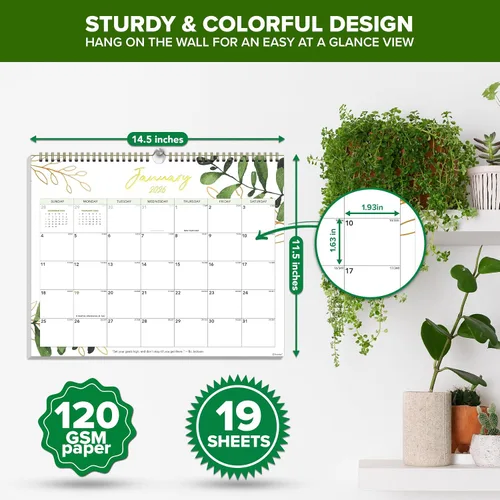 Miniatura 4 de Decorably Calendario académico de 18 meses de vegetación dorada de 18 meses 2025 de julio de 2025 a diciembre de 2026, calendario de pared verde