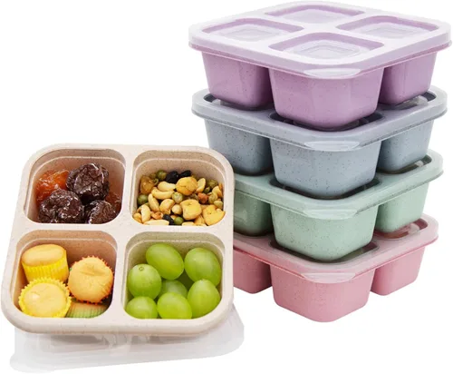 Miniatura 12 de Paquete de 4 Cajas de Almuerzo Bento, Contenedores de Aperitivos de 4 Compartimentos, Caja de Aperitivos Bento Dividida, Contenedores de Preparación