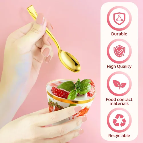 Miniatura 7 de Jinei 50 juegos de tazas de postre de plástico de 9 onzas con tapas de cúpula, cucharas de plástico transparente con borde dorado, vasos de frutas