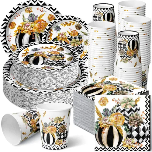 Hsei 250 piezas de platos y servilletas de calabaza de otoño para decoración de fiesta, juegos de vajilla desechable para baby shower, suministros
