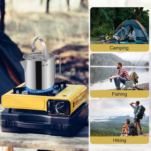 Miniatura 7 de Hervidor de té para camping, cafetera portátil de 1.2 L, olla de campamento al aire libre, con asas y con tapas para camping, senderismo, picnic
