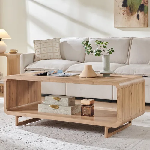 Miniatura 10 de IFGET Mesa de Centro Moderna de 48", Mesa Central Minimalista de 2 Niveles con Estante de Almacenamiento, Diseño de Perfil Curvo, Mesa Rectangular