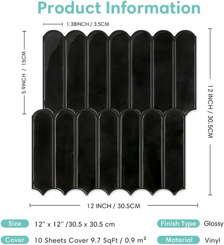 Miniatura 6 de Commomy Azulejos adhesivos negros más gruesos para despegar y pegar - 10 piezas de 12.0 x 12.0 pulgadas - Azulejos adhesivos 3D para salpicaduras