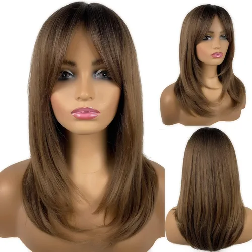 Miniatura 9 de Pelucas largas negras para mujer, pelucas negras con flequillo, peluca sintética de longitud al hombro en capas para fiestas diarias (20 pulgadas)