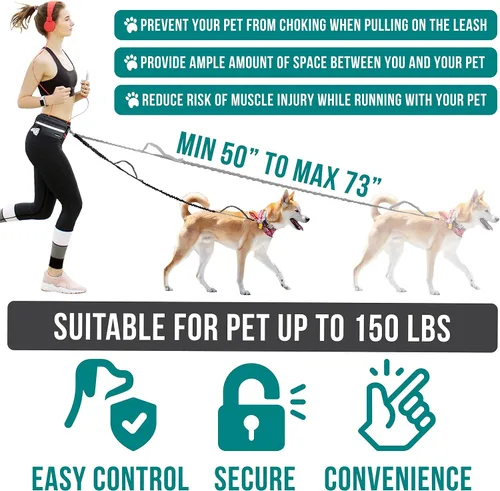 Miniatura 5 de PetAmi - Correa de perro manos libres para correr y caminar, con cinturón con cremallera y dispensador de bolsas para excrementos, asas acolchadas