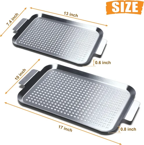 Miniatura 3 de Set de 2 bandejas para parrilla, topper para parrilla de exterior, cestas para asar de acero inoxidable con agujeros y asas, bandeja perforada