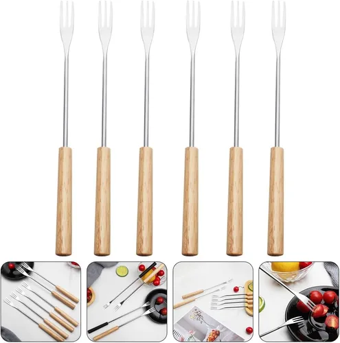 Miniatura 3 de Juego de 6 tenedores para fondue de acero inoxidable con asas de madera de 10.23 pulgadas de largo, tenedores de chocolate y queso para fiestas