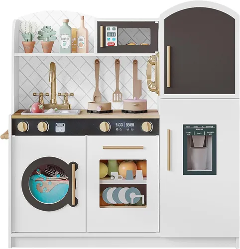 Miniatura 9 de Treocho Juego de cocina para niños, juego de cocina de madera para niños pequeños con almacenamiento, cocina de juguete de diseño moderno con grifo