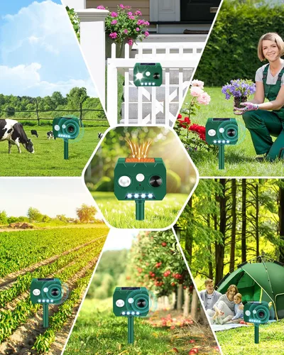 Miniatura 7 de Repelente solar ultrasónico de animales al aire libre, paquete de 2 repelentes de ciervos para exteriores con sensor de movimiento PIR y flash LED