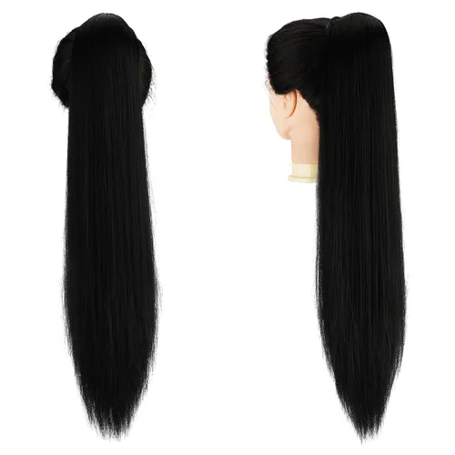 Miniatura 3 de FESHFEN Extensiones de cola de caballo rectas, colas de caballo largas con cordón, cola de caballo sintética con clip para mujer, color negro